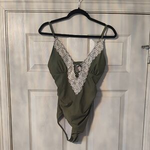 Amazon Olive Green One-Piece Swimsuit with White Lace Trim